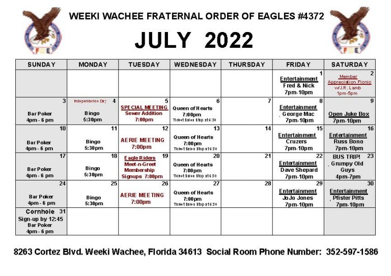 Eagles July 2022 Calendar JPG No Steak Weeki Wachee Eagles